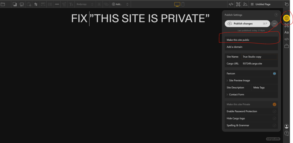 fix this site is private in cargo collective site builder tutorial