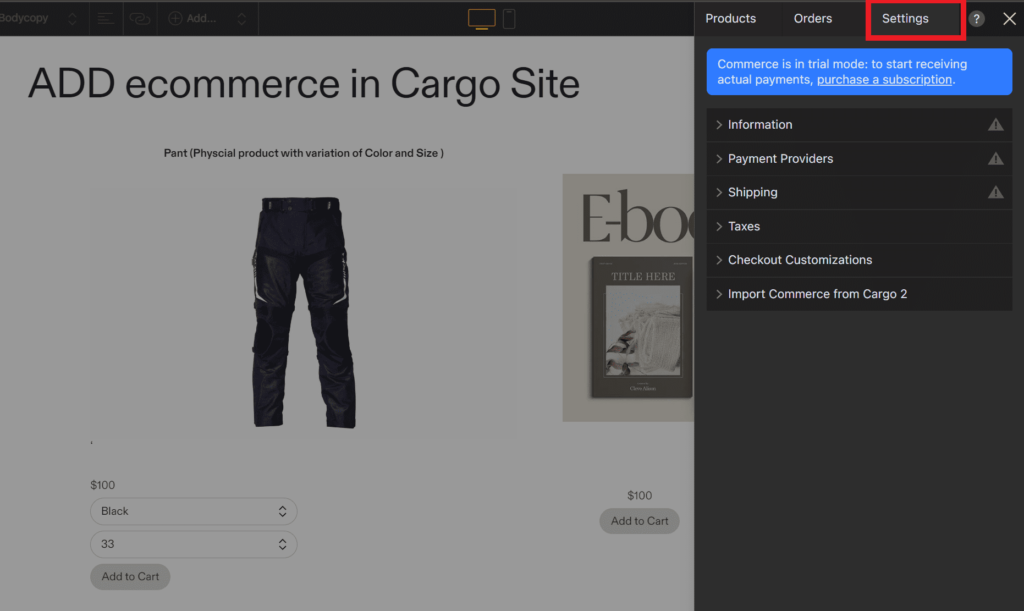 settings tab in cargo commerce
