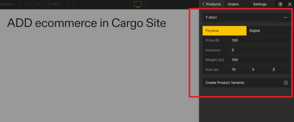 add physical product to cargo site