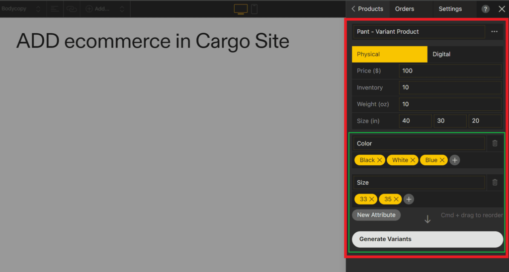 add variantion product to cargo site